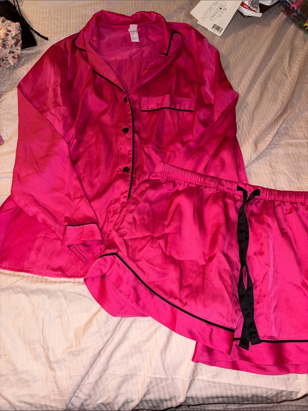 stars above Satin Pajama Set in Hot Pink with Black Trim